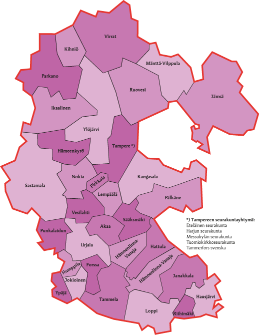Kartta, jossa on Tampereen aluekeskusrekisteriin kuuluvat seurakunnat.