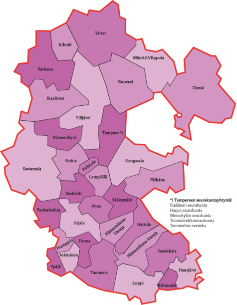 En karta över församlingar som tillhör Tammerfors Regioncentralregister.