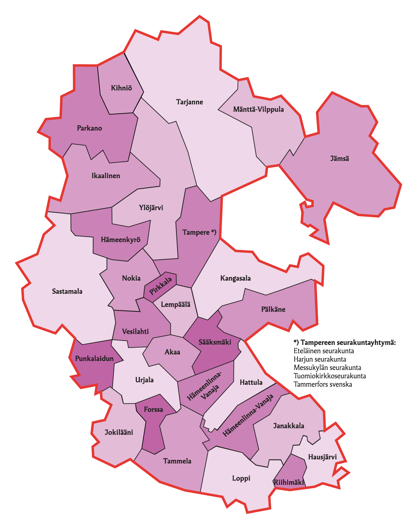 Kartta Tampereen aluekeskusrekisterin seurakunnista.